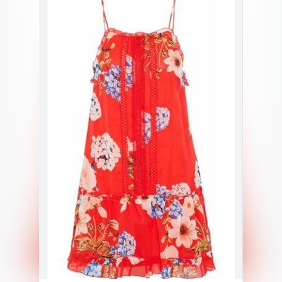NICHOLAS X Revolve Red Floral Crochet Trimmed Silk Halter Mini Shift Dress Sz6 - Picture 2 of 16